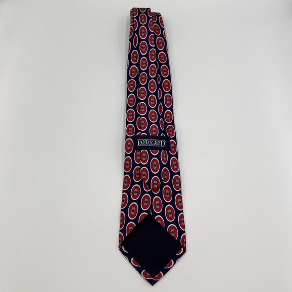 Lands End Tie Mens Blue Red Geometric Medallion 100% Silk Made USA Necktie - Picture 5 of 7
